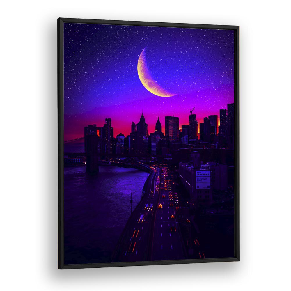 Elegant night view of Manhattan skyline, showcasing "TRIPPING IN MANHATTAN, SURREAL ART PRINTS" by Ritvik Takkar.