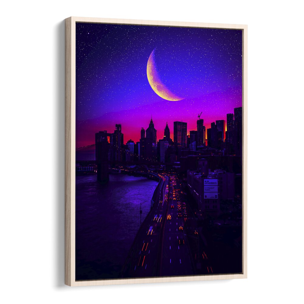 Stunning "Tripping In Manhattan, Surreal Art Prints" by Ritvik Takkar showcases a vibrant city skyline at night.
