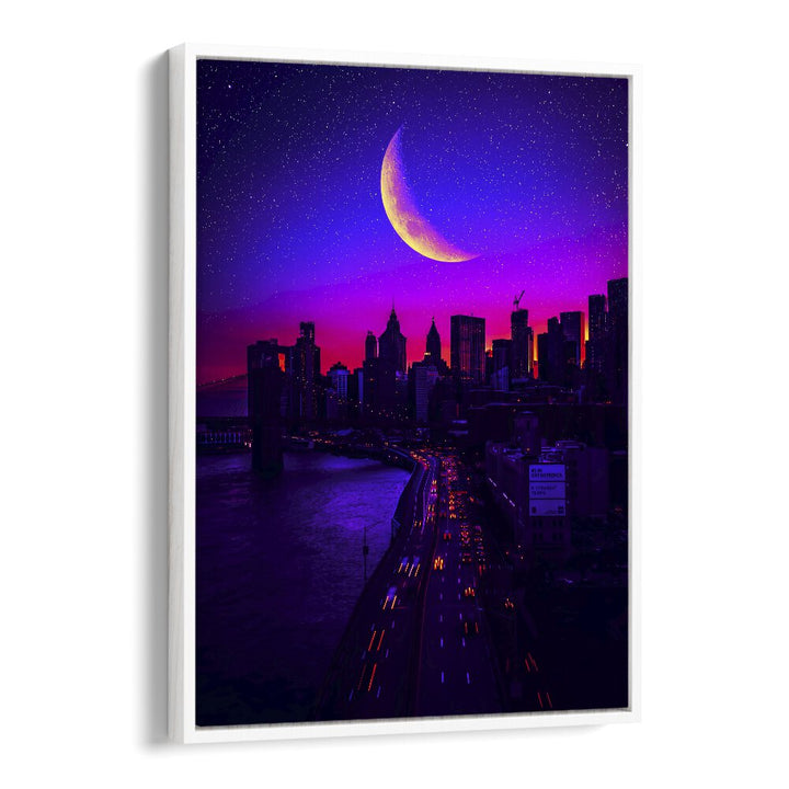 Colorful skyline with a crescent moon, showcasing TRIPPING IN MANHATTAN, SURREAL ART PRINTS by Ritvik Takkar.