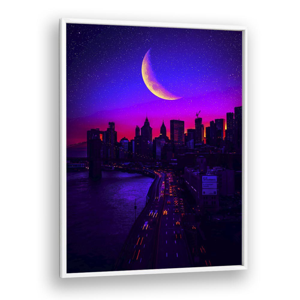 Stunning TRIPPING IN MANHATTAN, SURREAL ART PRINTS by Ritvik Takkar, showcasing a vibrant cityscape under a crescent moon.