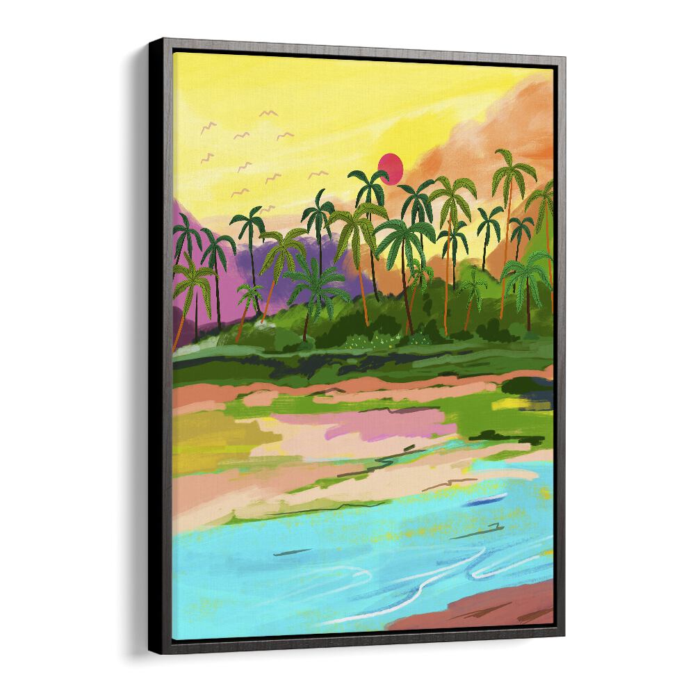 Vibrant landscape painting of the TROPICAL BACKWATERS OF KERALA by Uma Gokhale, showcasing serene natural beauty.