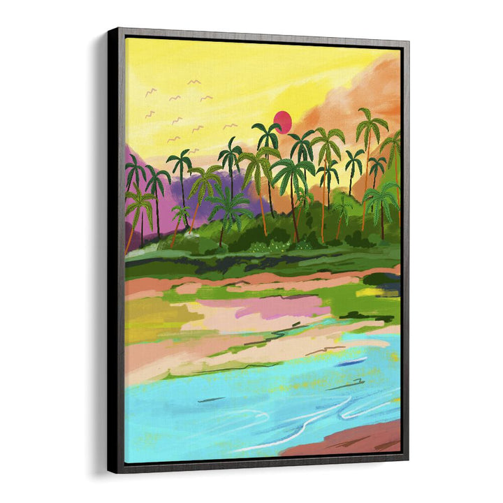 Vibrant landscape painting of the TROPICAL BACKWATERS OF KERALA by Uma Gokhale, showcasing serene natural beauty.