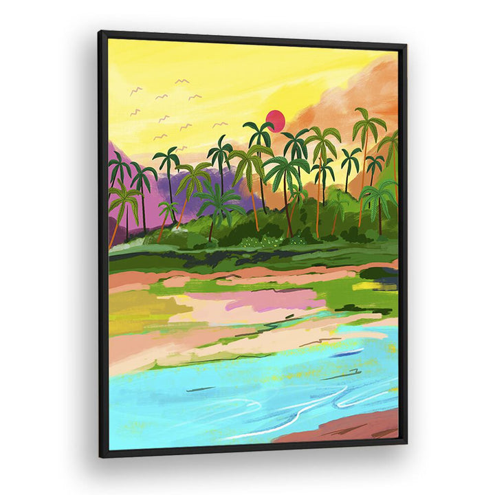 Vibrant landscape painting showcasing TROPICAL BACKWATERS OF KERALA, LANDSCAPE PAINTINGS by Uma Gokhale.
