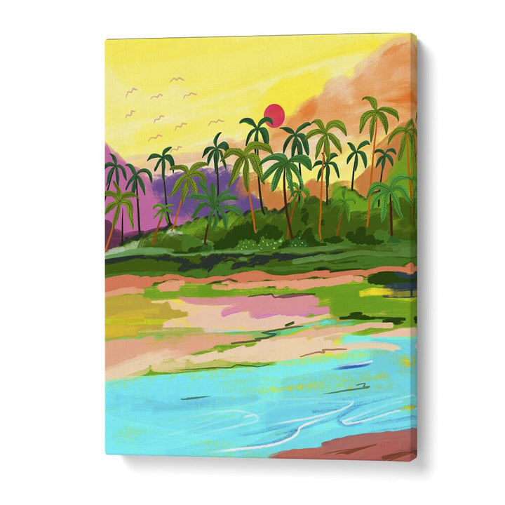 Vibrant landscape painting of the TROPICAL BACKWATERS OF KERALA, showcasing Uma Gokhale's exquisite artistry.