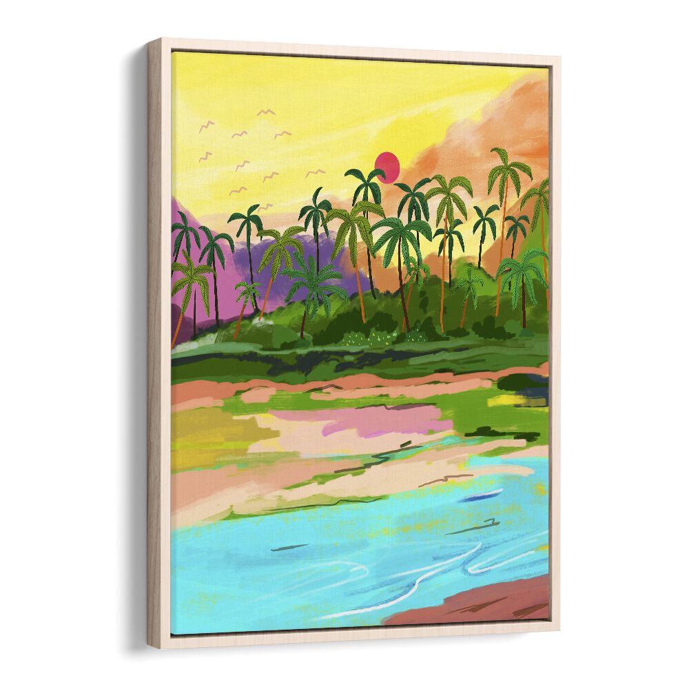 Serene TROPICAL BACKWATERS OF KERALA, LANDSCAPE PAINTINGS by Uma Gokhale, showcasing vibrant colors and nature's beauty.