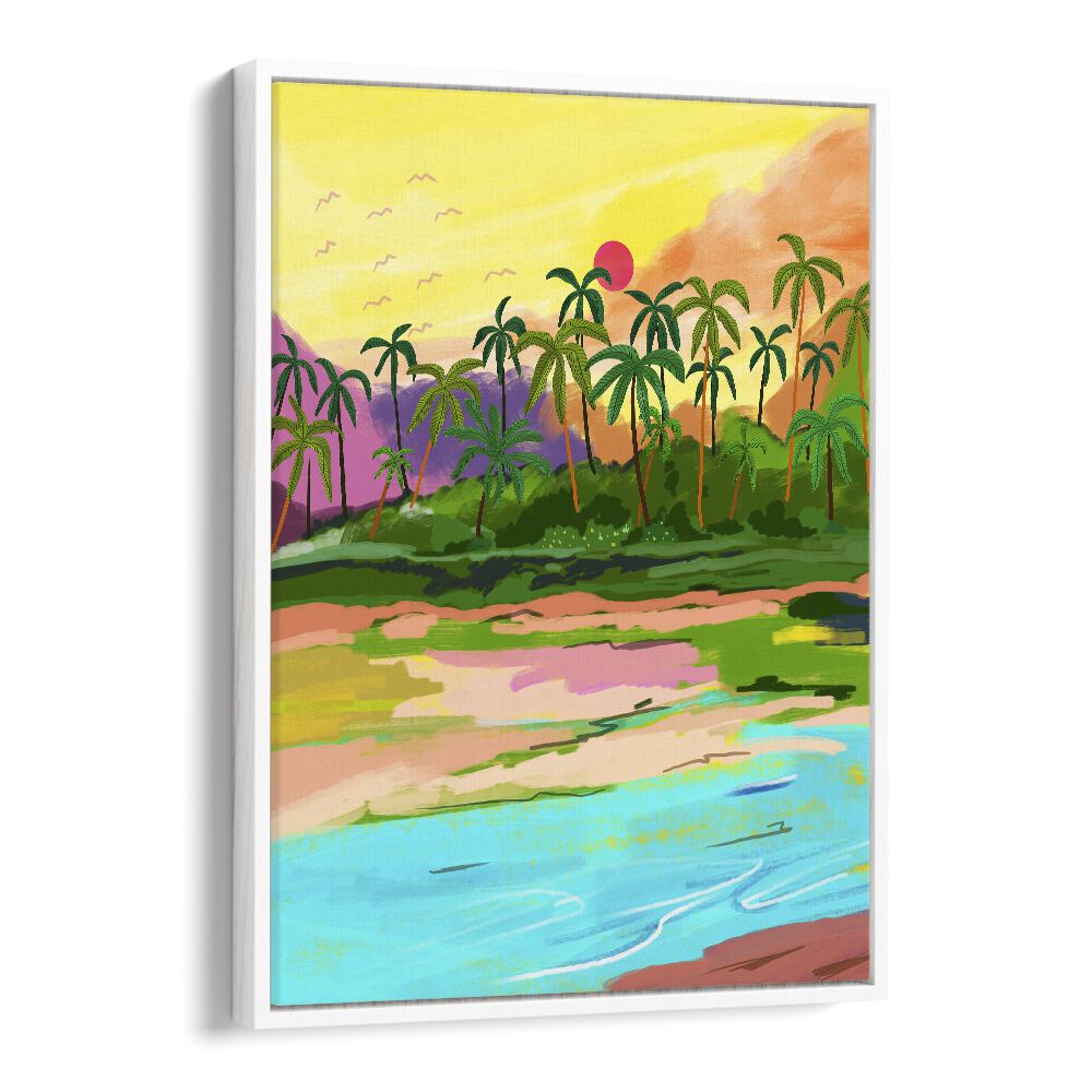 Vibrant TROPICAL BACKWATERS OF KERALA, LANDSCAPE PAINTINGS by Uma Gokhale, capturing serene natural beauty.