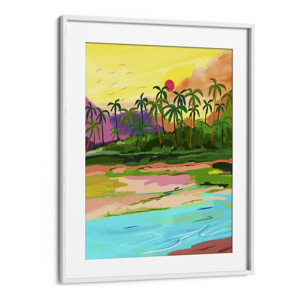 Vibrant landscape painting of the TROPICAL BACKWATERS OF KERALA, showcasing nature's beauty by Uma Gokhale.