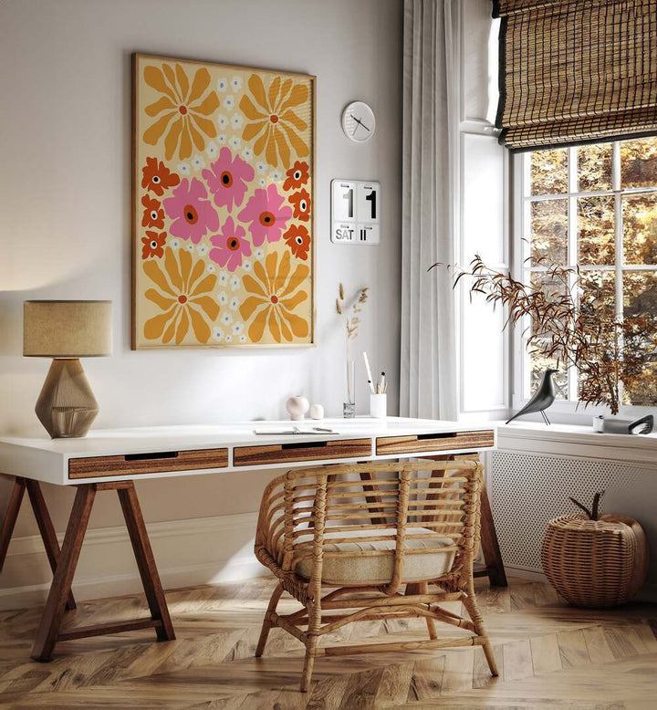 Bright and colorful TROPICAL DREAM, FLORAL FLOWER PAINTINGS by Miho Art Studio enhance any modern workspace.