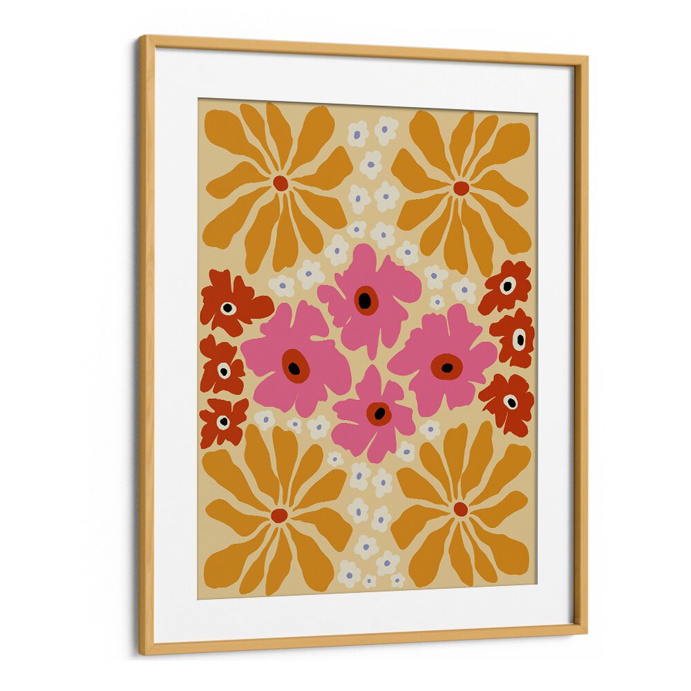 Vibrant TROPICAL DREAM, FLORAL FLOWER PAINTINGS by Miho Art Studio, showcasing enchanting botanical art in an oak frame.