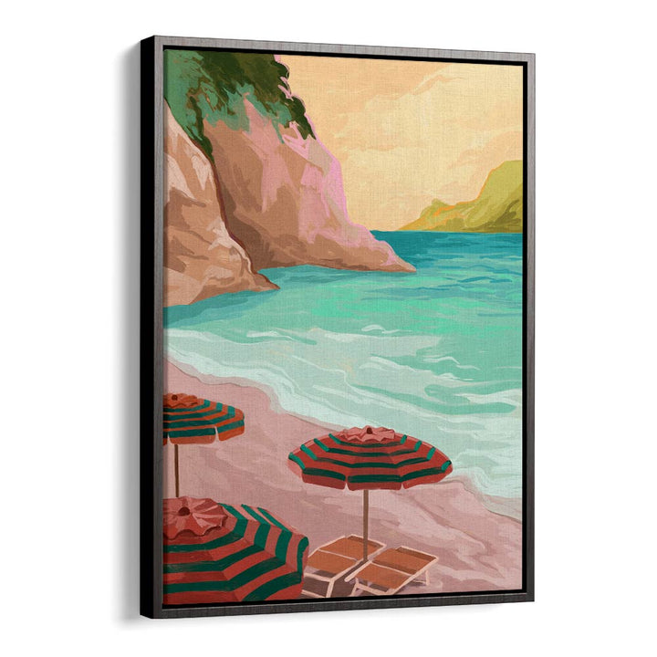 Serene beach scene with umbrellas, showcasing TROPICAL HOLIDAY, LANDSCAPE PAINTINGS by Goed Blauw for your home decor.