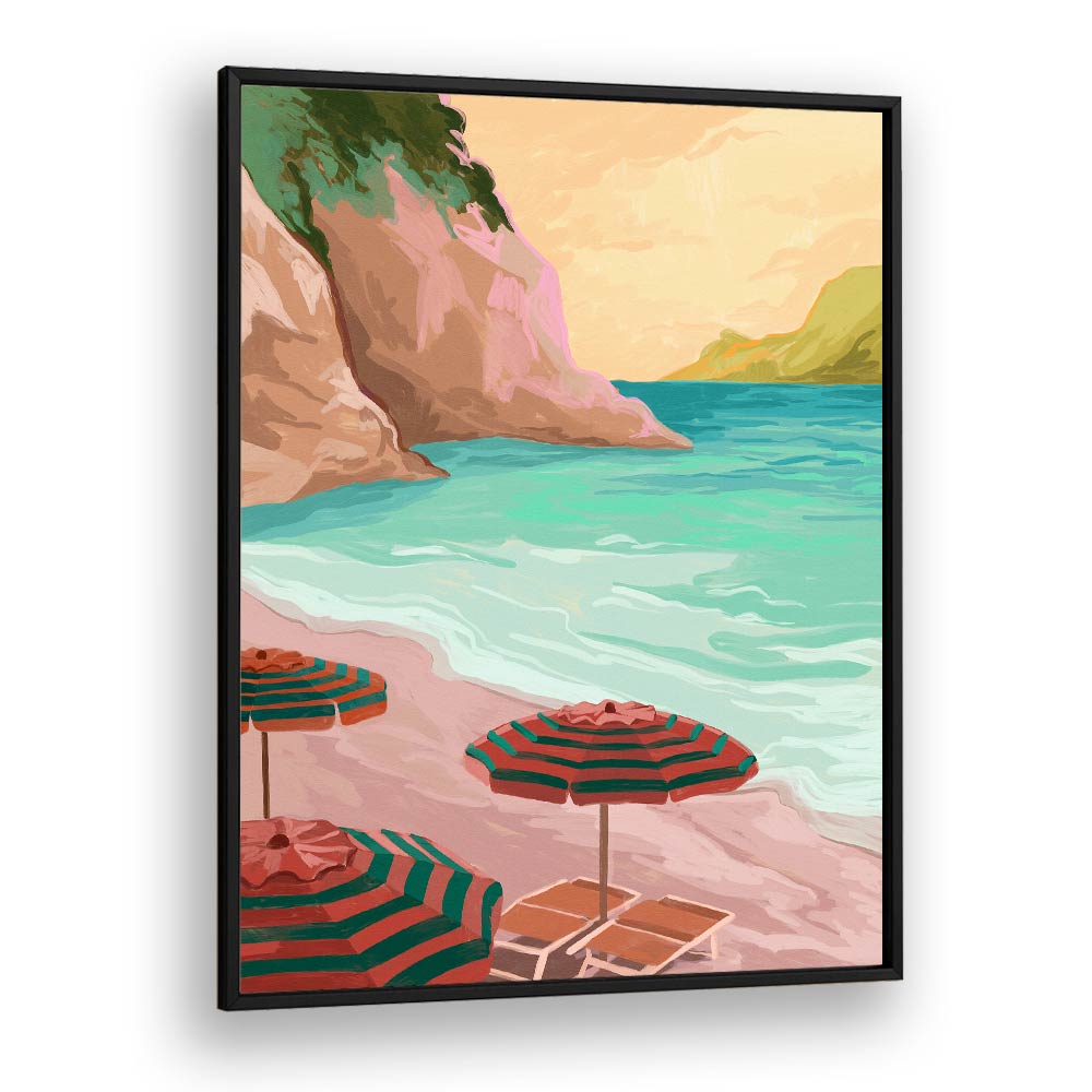 Tropical Holiday, landscape paintings by Goed Blauw, featuring serene beach views and vibrant umbrellas.