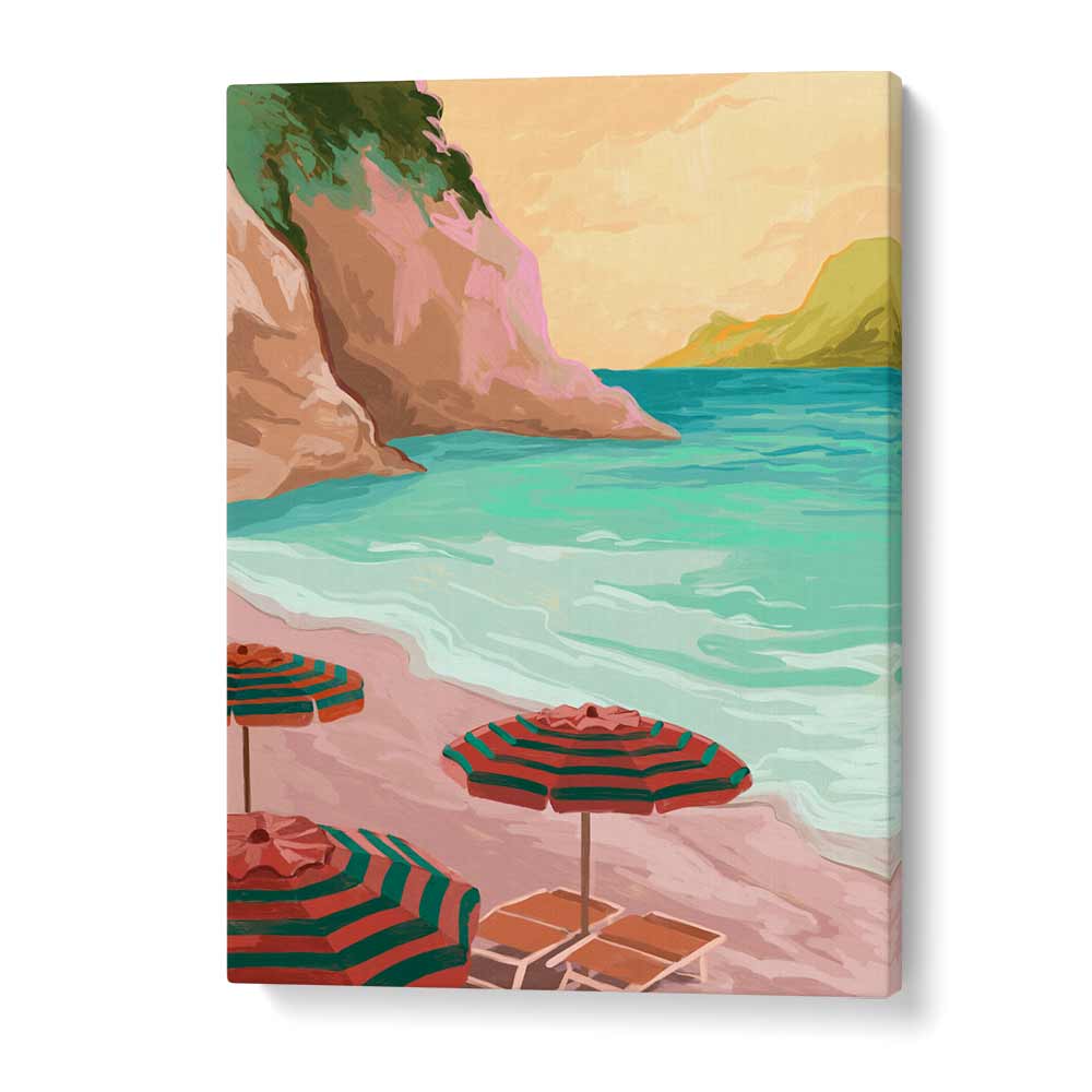 Transform your space with TROPICAL HOLIDAY, LANDSCAPE PAINTINGS by Goed Blauw, featuring serene beach umbrellas and ocean views.