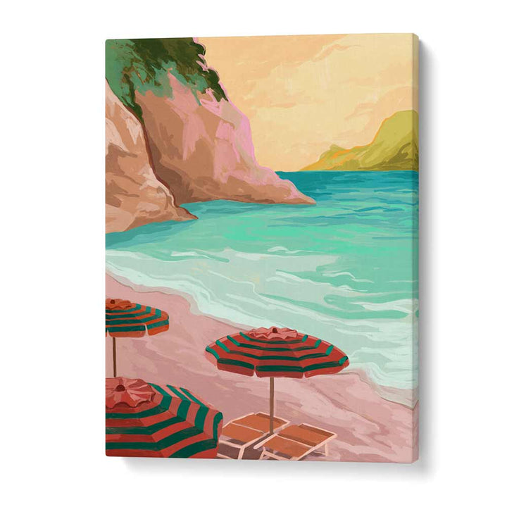 Transform your space with TROPICAL HOLIDAY, LANDSCAPE PAINTINGS by Goed Blauw, featuring serene beach umbrellas and ocean views.