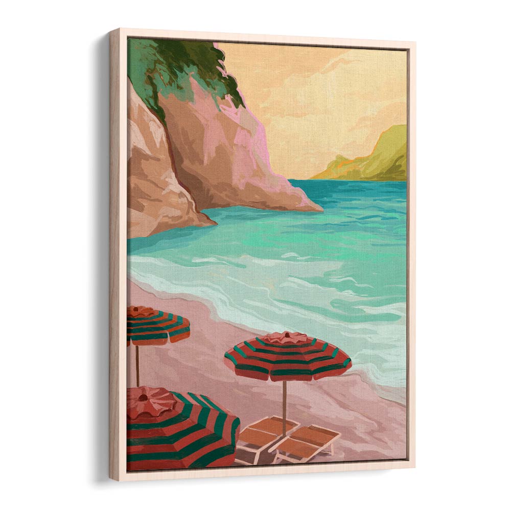Tropical Holiday, landscape paintings by Goed Blauw, capture serene beach vibes with vibrant umbrellas and waves.