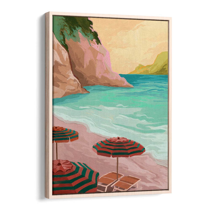 Tropical Holiday, landscape paintings by Goed Blauw, capture serene beach vibes with vibrant umbrellas and waves.