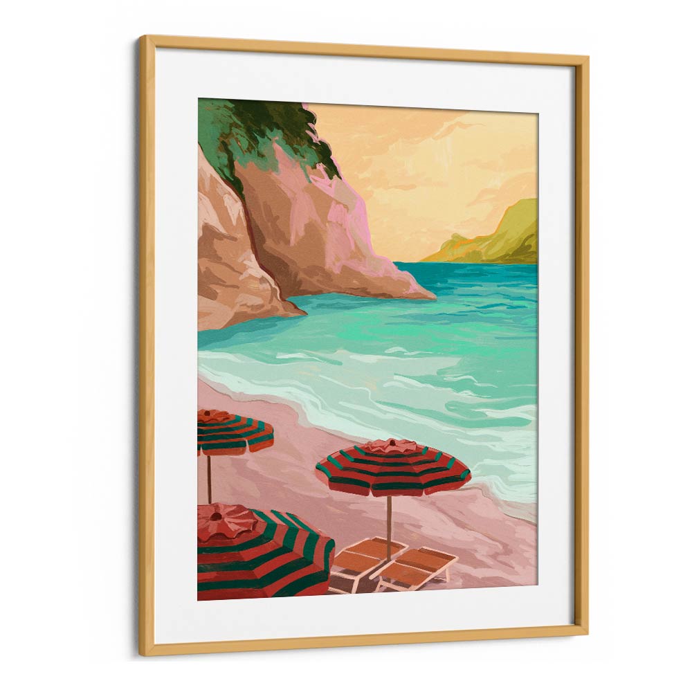 Tropical Holiday landscape paintings by Goed Blauw feature vibrant beach scenes with umbrellas and serene waters.