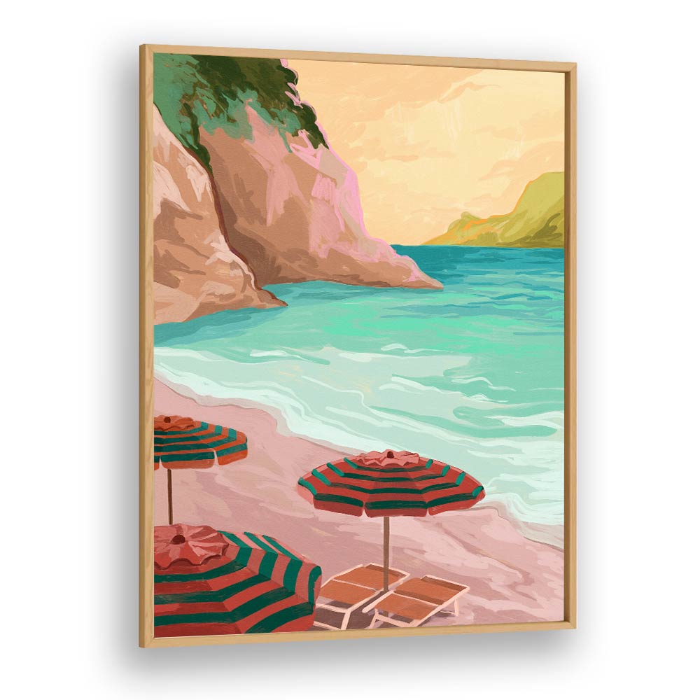 Tropical Holiday landscape paintings by Goed Blauw offer a serene beach view with vibrant umbrellas and turquoise waves.