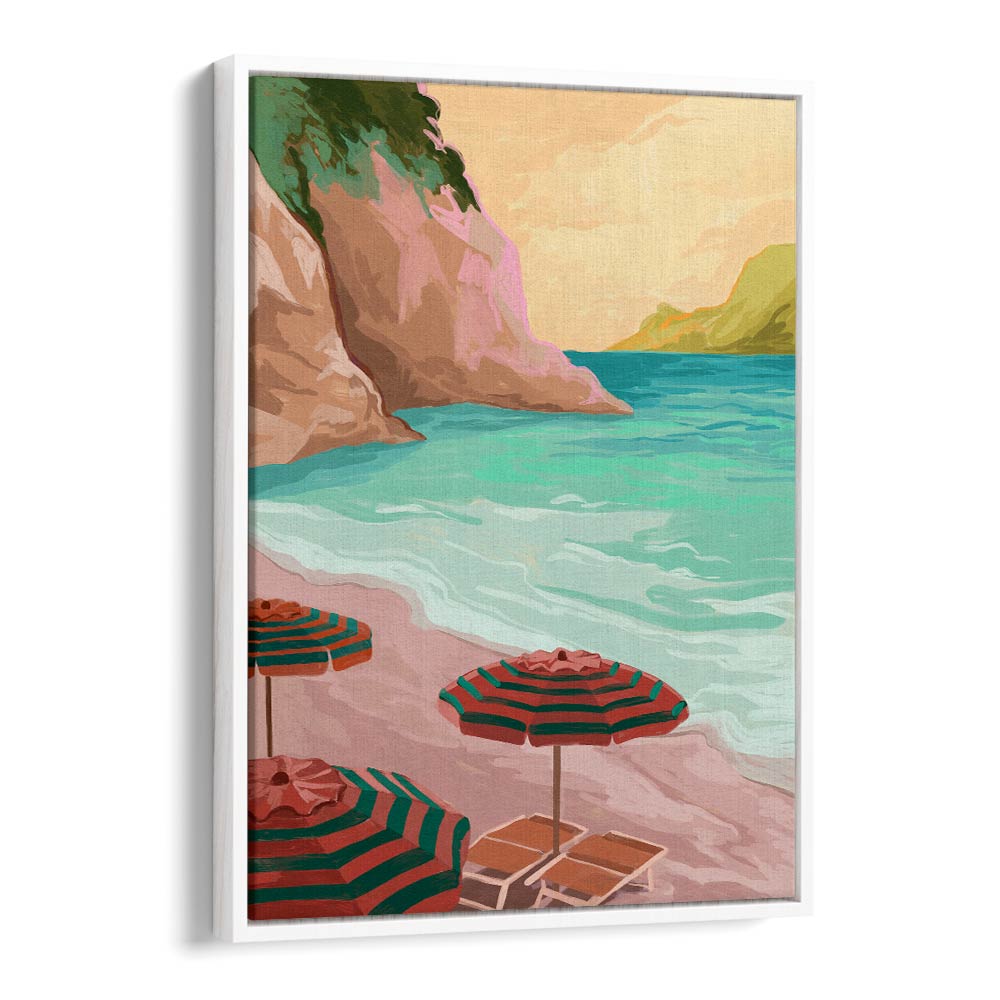Tropical Holiday, landscape paintings by Goed Blauw, featuring serene beach umbrellas and tranquil ocean views.