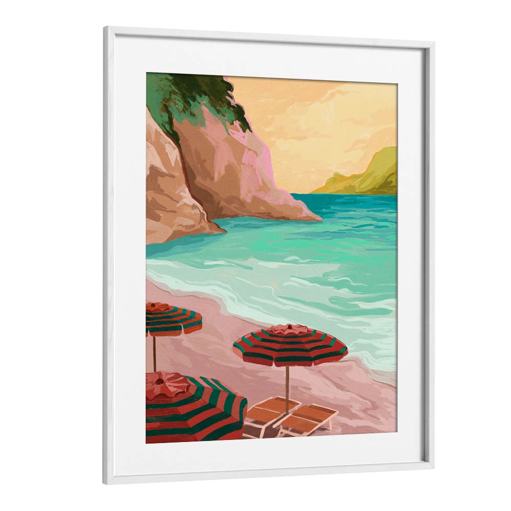 TROPICAL HOLIDAY, LANDSCAPE PAINTINGS by Goed Blauw, showcasing a serene beach scene with vibrant umbrellas.