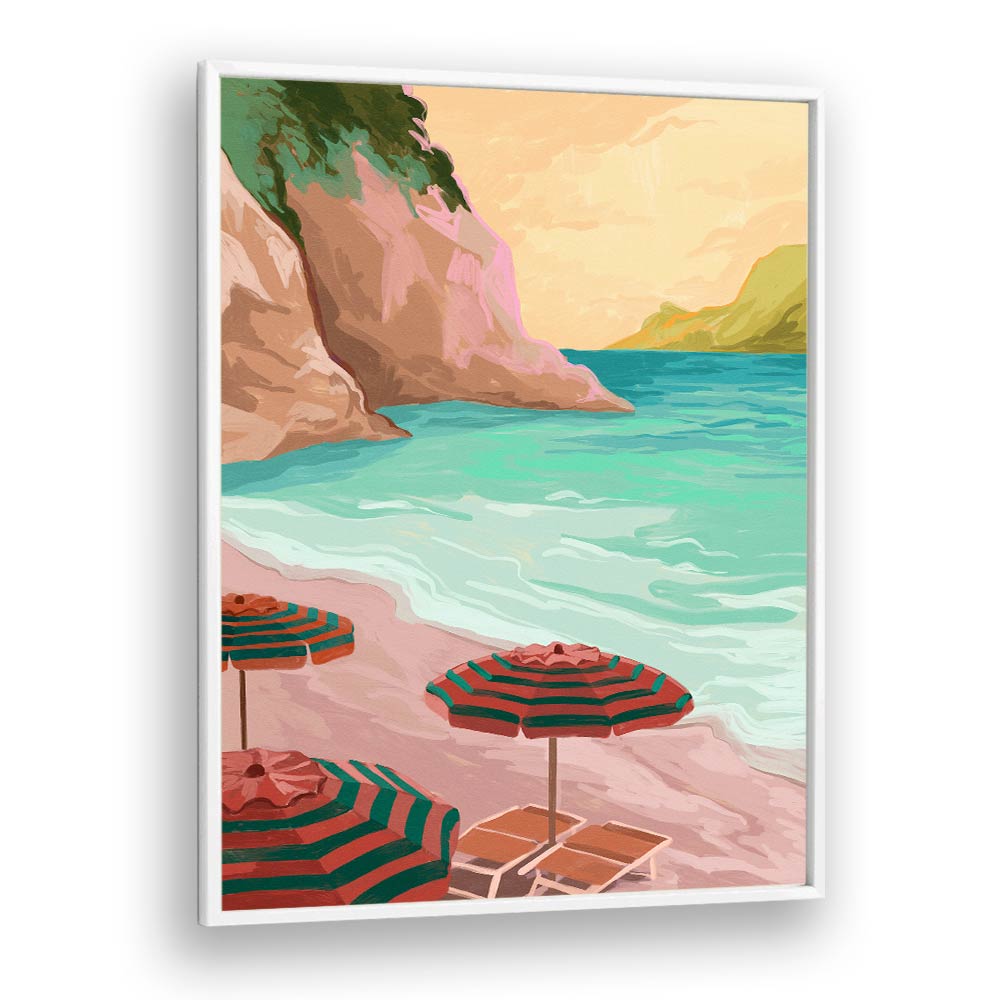 TROPICAL HOLIDAY, LANDSCAPE PAINTINGS by Goed Blauw showcase serene beach scenes with vibrant umbrellas and soothing waters.