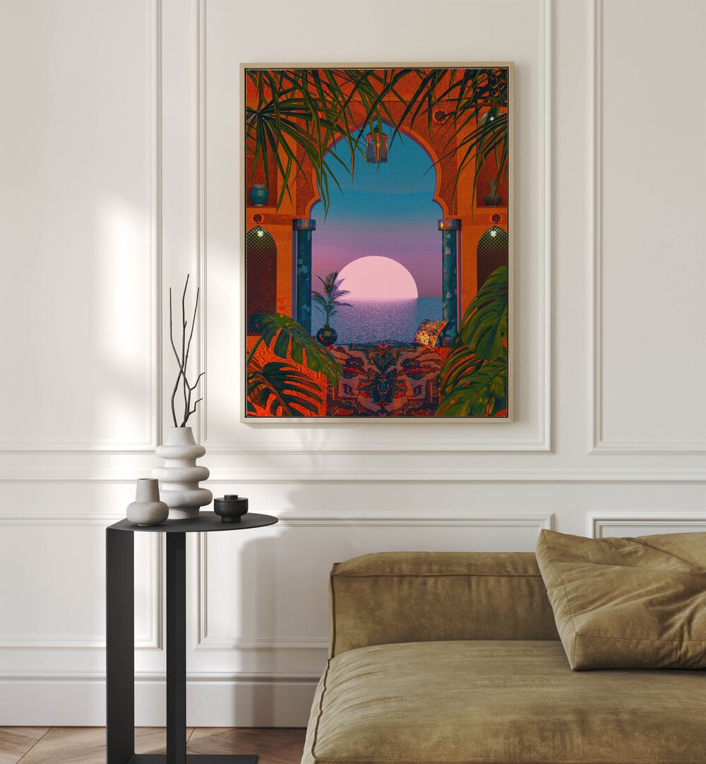 Vibrant Tropical Portal, Surreal Art Prints by Cosmo Zach, showcasing a dreamlike view framed by lush greenery.