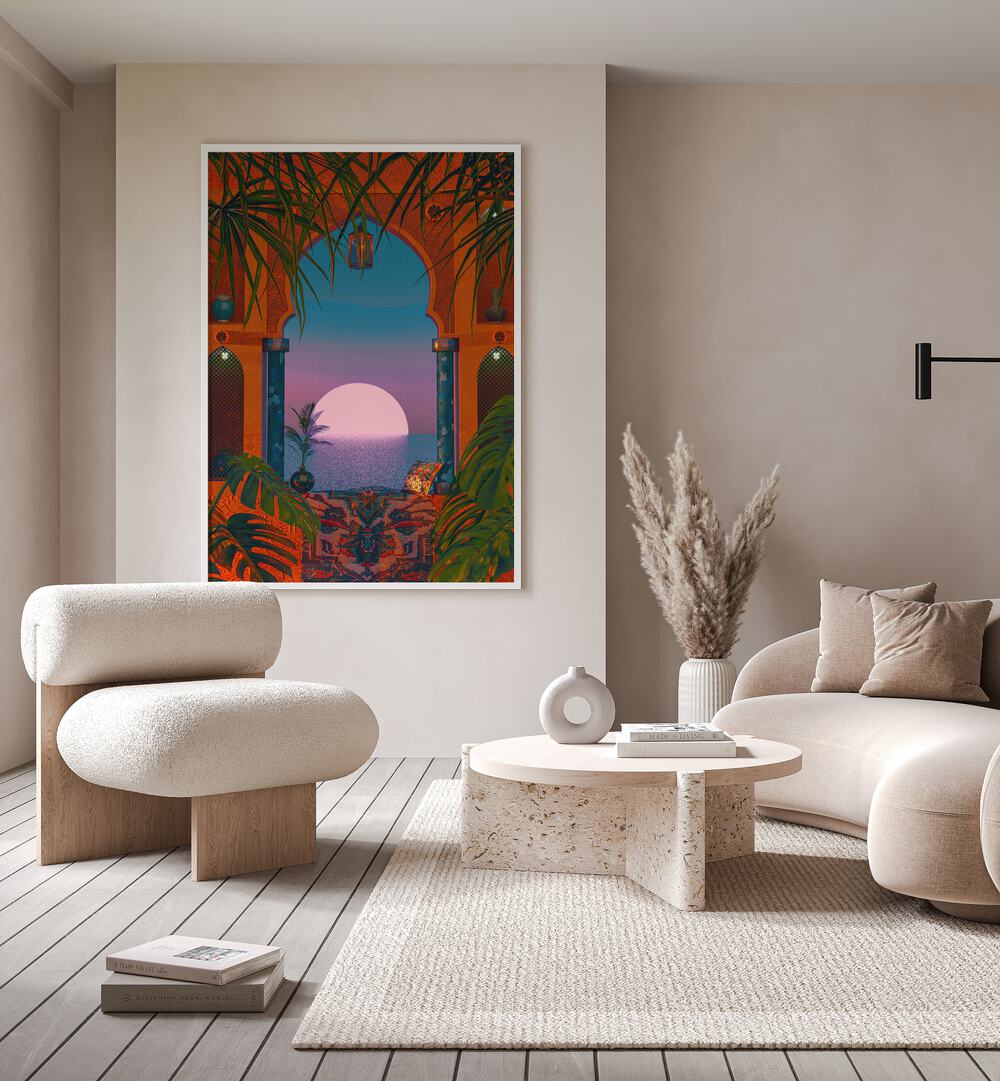 Vibrant TROPICAL PORTAL, SURREAL ART PRINTS by Cosmo Zach, enhancing your space with dreamlike aesthetics.