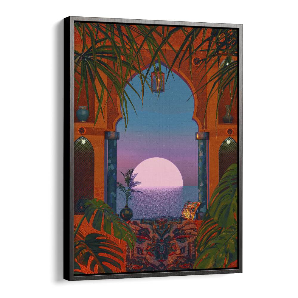 Tropical Portal, surreal art prints by Cosmo Zach, featuring a vibrant dreamlike scene with lush plants and sunset.