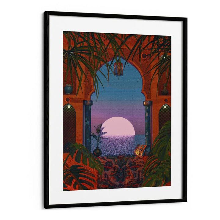 Vibrant Tropical Portal, Surreal Art Prints by Cosmo Zach, framed artwork showcasing a dreamlike coastal view.