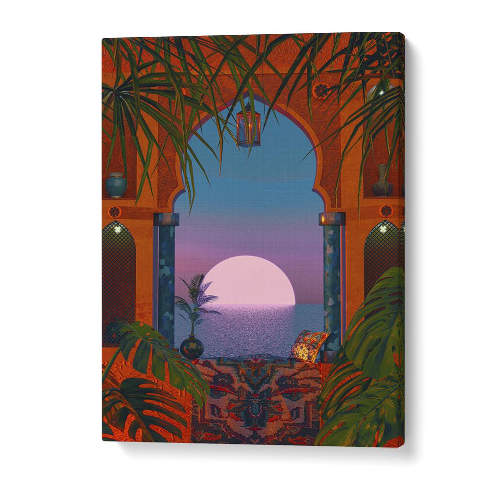 Vibrant TROPICAL PORTAL, SURREAL ART PRINTS by Cosmo Zach, showcasing a dreamlike view through ornate arches.