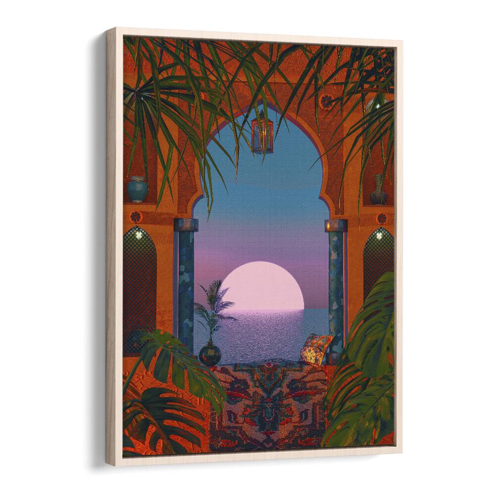 Vibrant TROPICAL PORTAL, SURREAL ART PRINTS by Cosmo Zach, showcasing a dreamlike view with lush greenery and sunset.