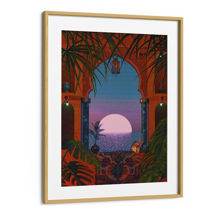 TROPICAL PORTAL, SURREAL ART PRINTS by Cosmo Zach features vibrant colors and dreamlike scenery in an oak frame.