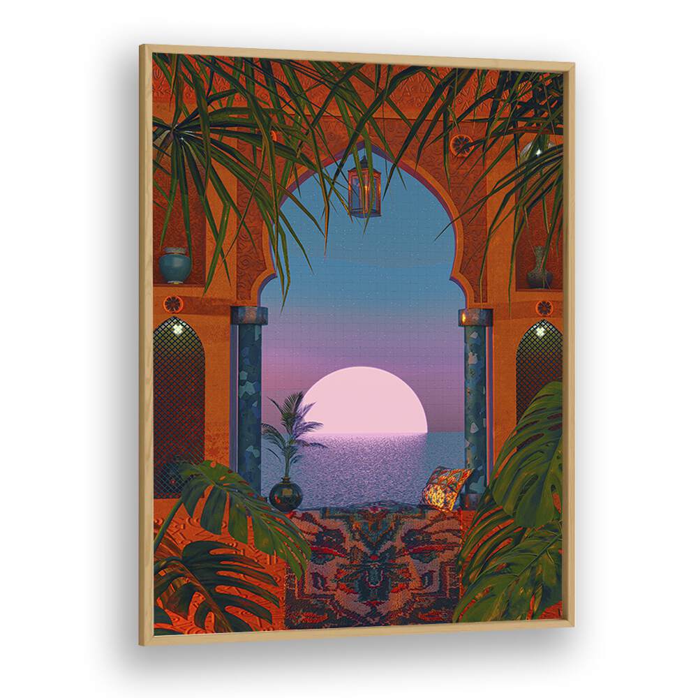 Tropical Portal, Surreal Art Prints by Cosmo Zach, showcasing a vivid sunset view framed in oak wood.