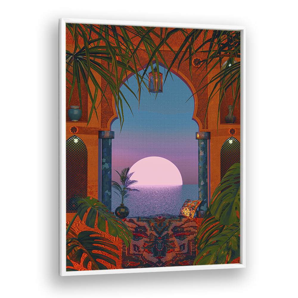 Vibrant TROPICAL PORTAL, SURREAL ART PRINTS by Cosmo Zach, featuring a dreamlike sunset scene in a stylish frame.