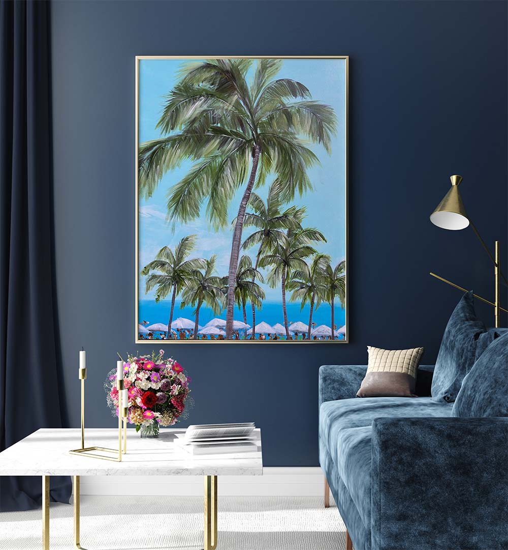 TROPICAL PALM TREES II, FLORAL FLOWER PAINTINGS adorns a stylish living room, enhancing nature-inspired decor.