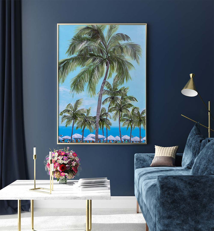 TROPICAL PALM TREES II, FLORAL FLOWER PAINTINGS adorns a stylish living room, enhancing nature-inspired decor.
