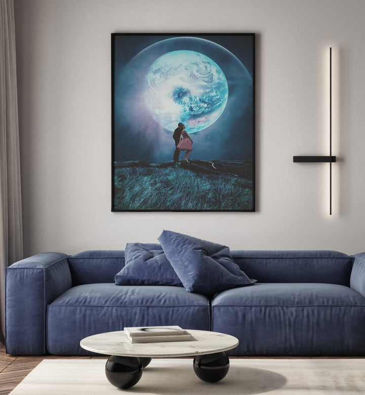 Frank Moth's TWO MILLION YEARS, SURREAL ART PRINTS captures imagination with a couple embracing under a mystical moon.
