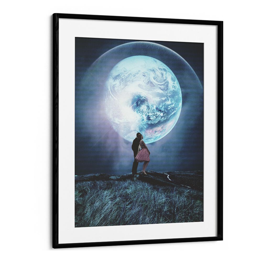 Surreal art print "TWO MILLION YEARS," featuring a cosmic scene by Frank Moth, available in a sleek black frame.