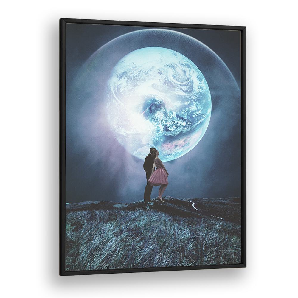 Couple embracing under a surreal moon in TWO MILLION YEARS, SURREAL ART PRINTS by Frank Moth, enhancing any space.