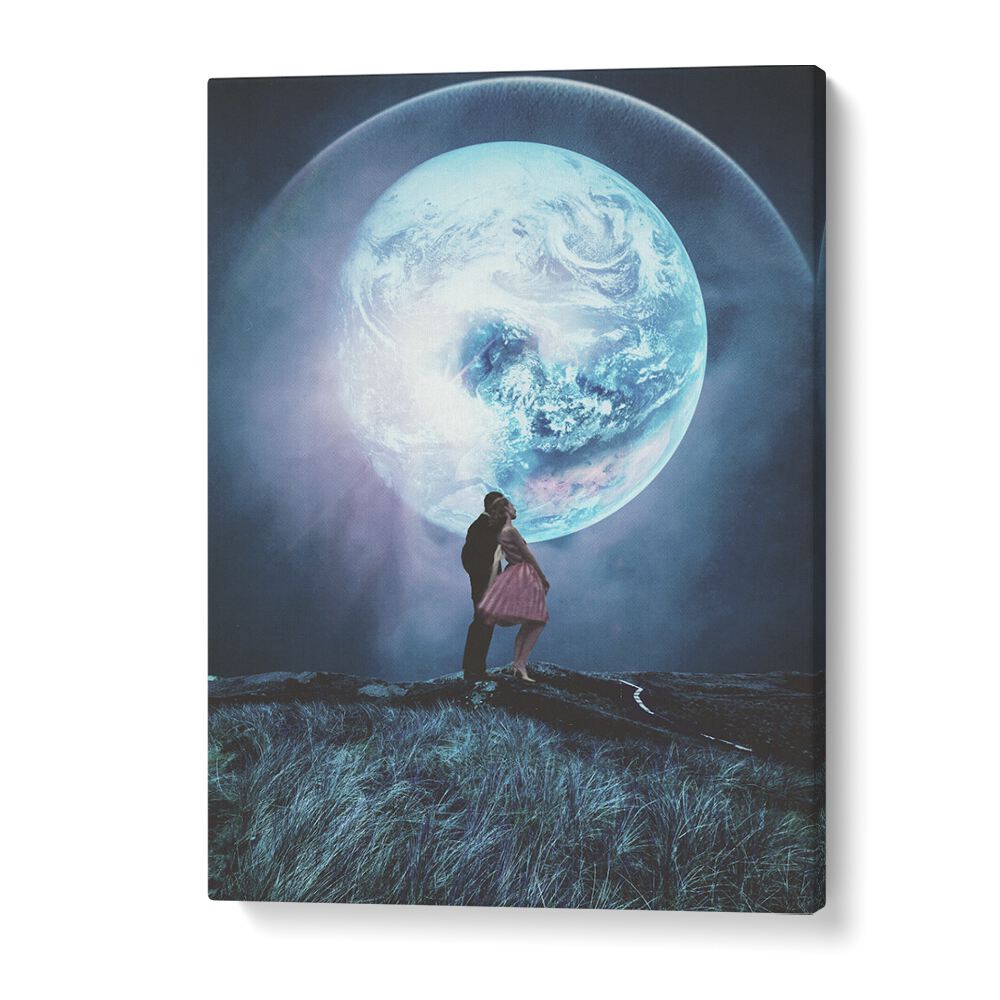 Couple embraces under a surreal moon, showcasing TWO MILLION YEARS, SURREAL ART PRINTS by Frank Moth for a unique vision.