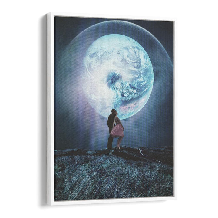 Couple embraces under a surreal moon in TWO MILLION YEARS, SURREAL ART PRINTS by Frank Moth, showcasing imaginative art.