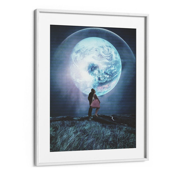 Explore TWO MILLION YEARS, SURREAL ART PRINTS, featuring a couple under a glowing planet, by Frank Moth.
