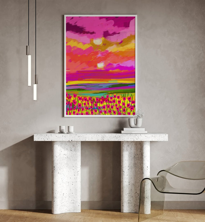 Vibrant TWO SUNS, LANDSCAPE PAINTINGS by Uma Gokhale, showcasing a stunning sunset over colorful flowers.