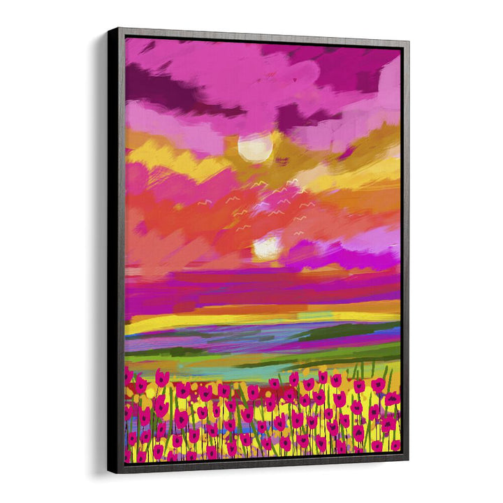 Vibrant TWO SUNS, LANDSCAPE PAINTINGS by Uma Gokhale, featuring a stunning sunset over a flower-filled field.