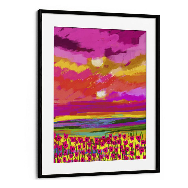 Vibrant TWO SUNS, LANDSCAPE PAINTINGS by Uma Gokhale, showcasing a colorful sunset over a blooming field.