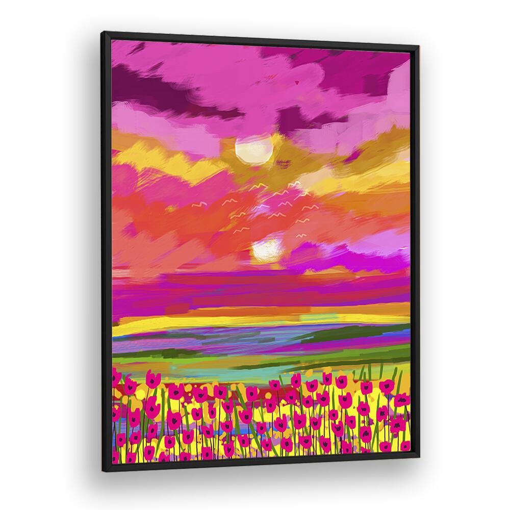 Vibrant TWO SUNS, LANDSCAPE PAINTINGS by Uma Gokhale, featuring colorful skies and blossoming flowers in a stunning frame.