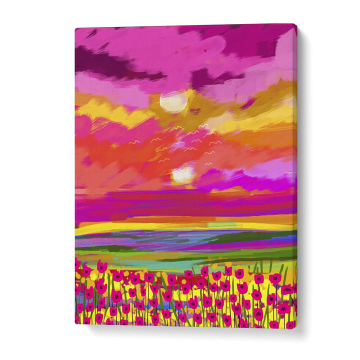 Vibrant TWO SUNS, LANDSCAPE PAINTINGS by Uma Gokhale showcasing a colorful sunset over blooming flowers.