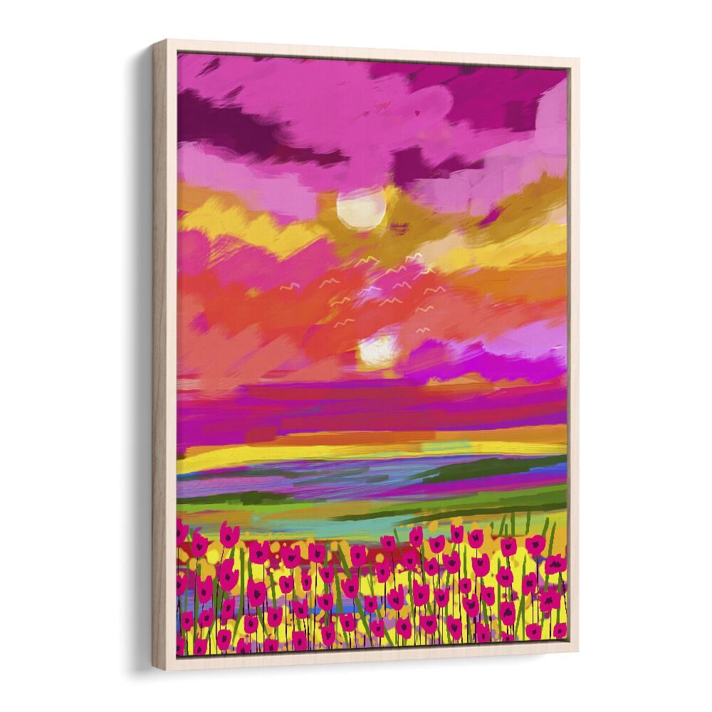 Vibrant TWO SUNS, LANDSCAPE PAINTINGS by Uma Gokhale, featuring stunning colors and a serene floral scene.