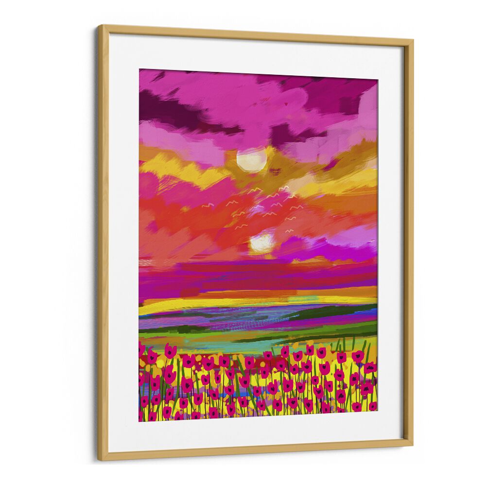 Vibrant TWO SUNS, LANDSCAPE PAINTINGS by Uma Gokhale in a stylish oak frame, perfect for enhancing any space.