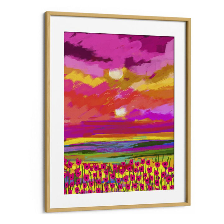 Vibrant TWO SUNS, LANDSCAPE PAINTINGS by Uma Gokhale in a stylish oak frame, perfect for enhancing any space.
