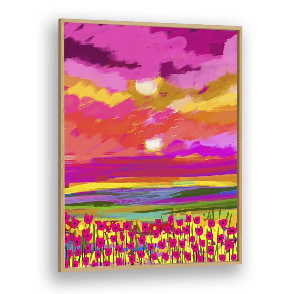 Vibrant TWO SUNS, LANDSCAPE PAINTINGS by Uma Gokhale in an oak frame showcase stunning colors and serene beauty.